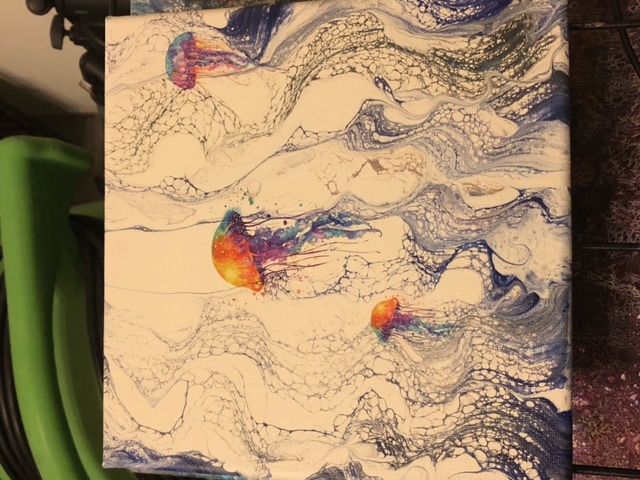 Three Jellyfish — Fluid acrylic and metallic pigment on canvas